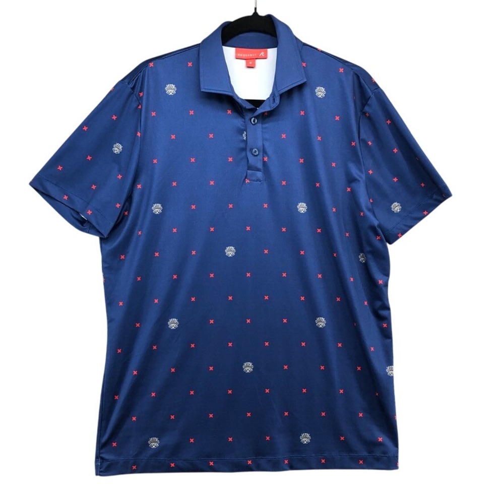 REDVANLY Polo Shirt Mens Medium Blue Geometric Cross Crest Print Short Sleeve